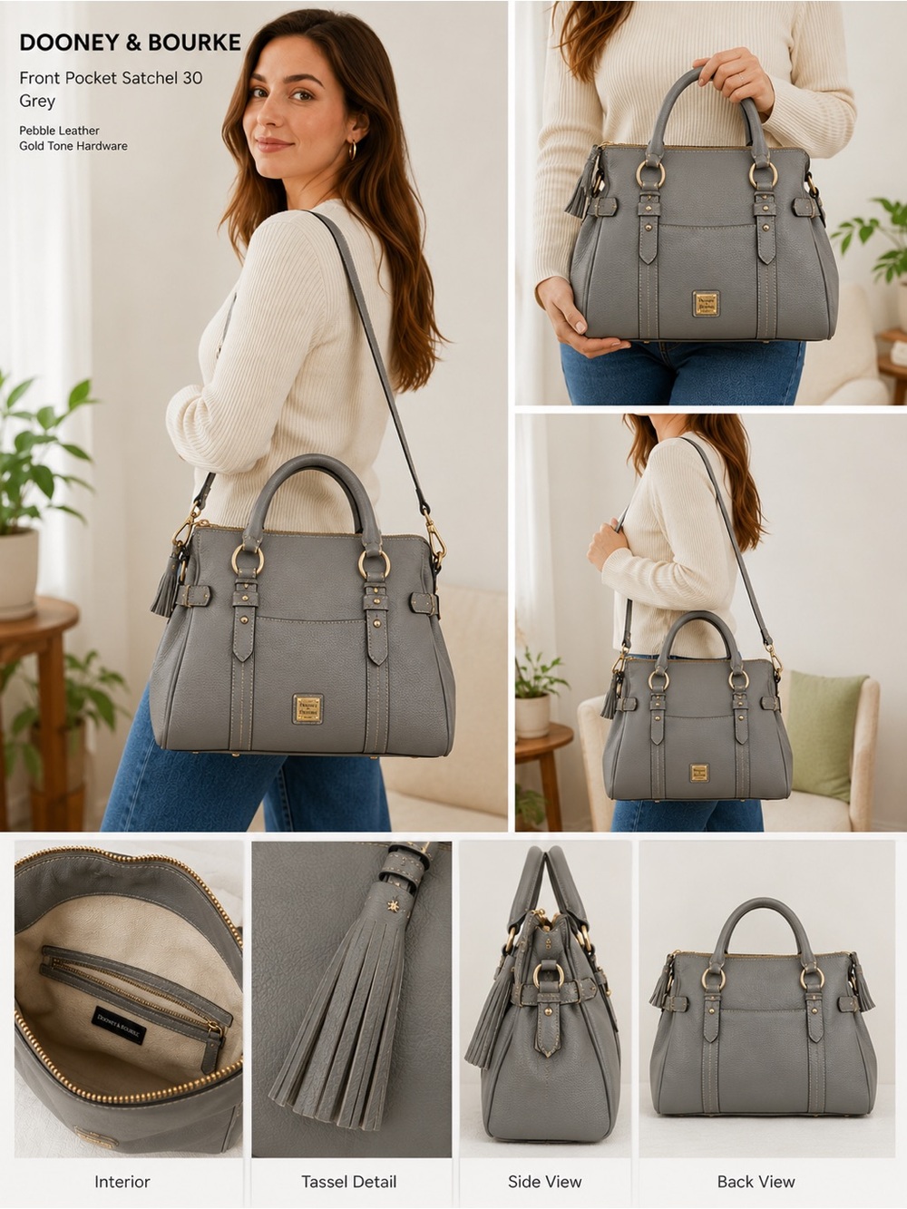 Dooney & Bourke Satchel 30 Grey Sorrento Leather With Pocket NWT $508 MSRP - Picture 4 of 16